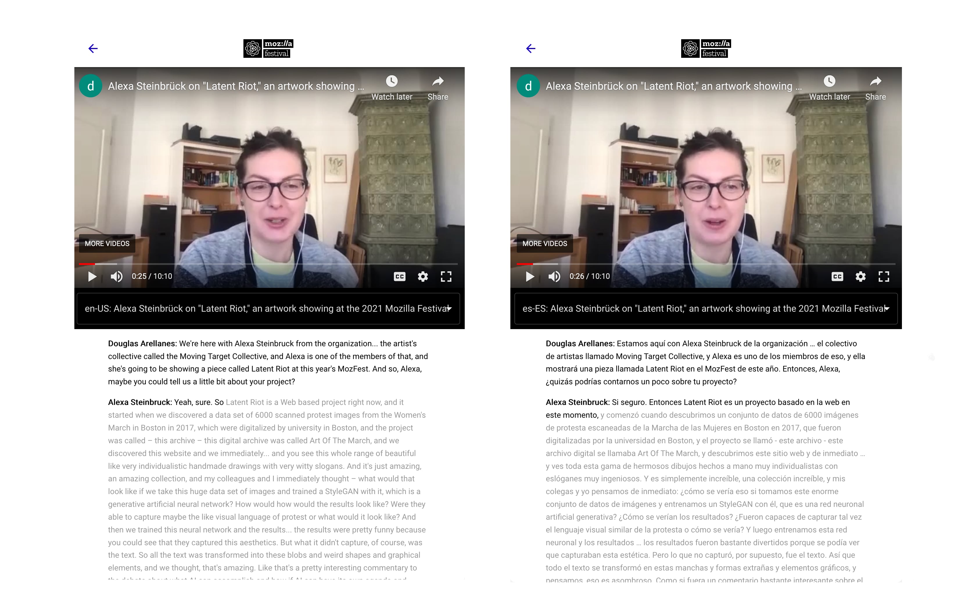 an English and Spanish Interactive Transcript from mozfest.hyper.audio - side by side