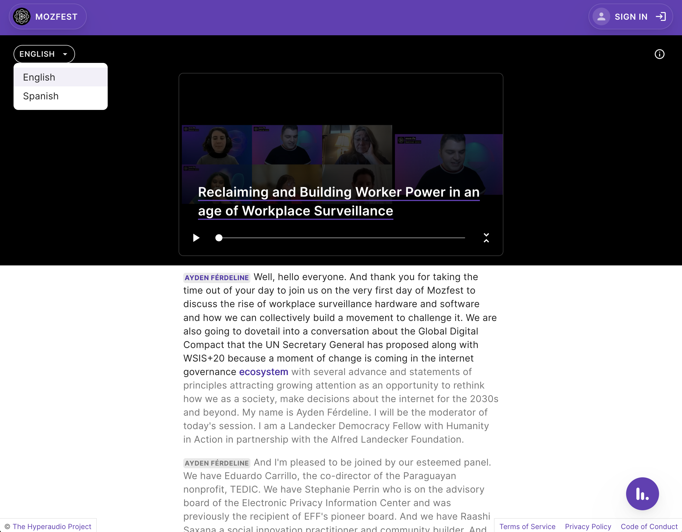 A screenshot of a Mozilla Festival transcript of the Hyperaudio for Conferences platform
