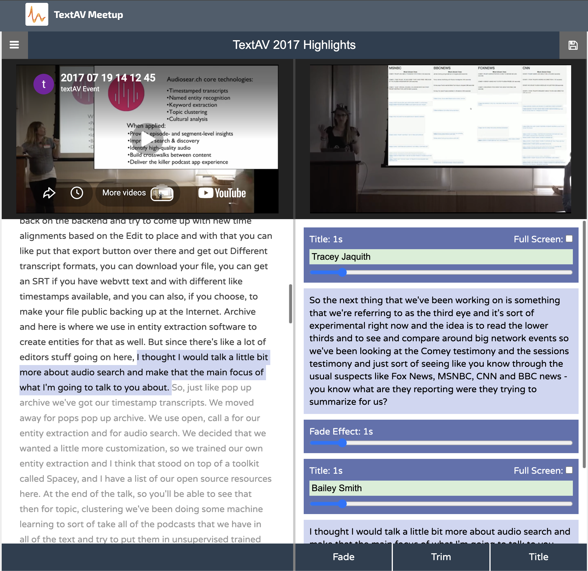 An image of an early remixer with two panes, the left holding the source material and the right showing excerpts put together with titles and fades in between